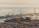 A bustling port with numerous stacked shipping containers and gigantic cranes. Several cargo ships are docked next to the port, while more vessels can be seen in the distant calm sea. The overall atmosphere suggests busy trade activity against a backdrop of a hazy sky.
