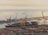 A bustling port with numerous stacked shipping containers and gigantic cranes. Several cargo ships are docked next to the port, while more vessels can be seen in the distant calm sea. The overall atmosphere suggests busy trade activity against a backdrop of a hazy sky.