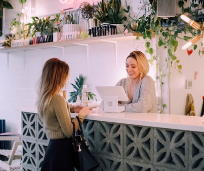 woman facing on white counter