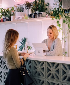 woman facing on white counter