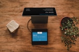A wooden table holds a black digital payment terminal with a blue screen displaying payment details. Nearby is a potted plant with green leaves on the right, and a rounded square stone object on the left.