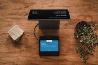 A wooden table holds a black digital payment terminal with a blue screen displaying payment details. Nearby is a potted plant with green leaves on the right, and a rounded square stone object on the left.
