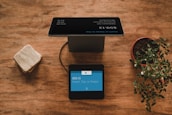 A wooden table holds a black digital payment terminal with a blue screen displaying payment details. Nearby is a potted plant with green leaves on the right, and a rounded square stone object on the left.