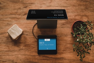 A wooden table holds a black digital payment terminal with a blue screen displaying payment details. Nearby is a potted plant with green leaves on the right, and a rounded square stone object on the left.