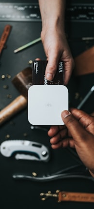 person holding Visa card and white device