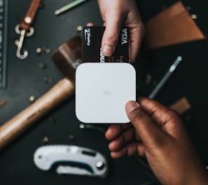 person holding Visa card and white device