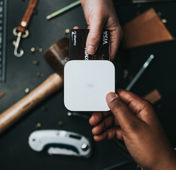 person holding Visa card and white device