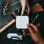 person holding Visa card and white device