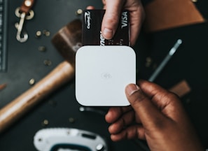 person holding Visa card and white device