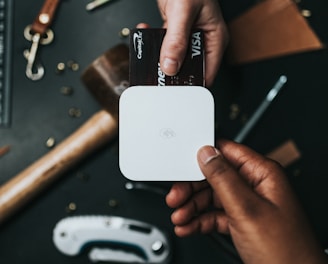 person holding Visa card and white device