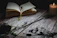 A flickering candle nestled next to an open book and wildflowers on a rustic wooden table.