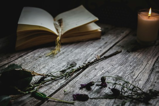 An open book lies on a rustic wooden table, with a lit candle casting a warm, soft glow. Dried flowers and twigs are scattered around, contributing to a vintage and cozy atmosphere. The scene is dimly lit, suggesting an intimate, contemplative setting.