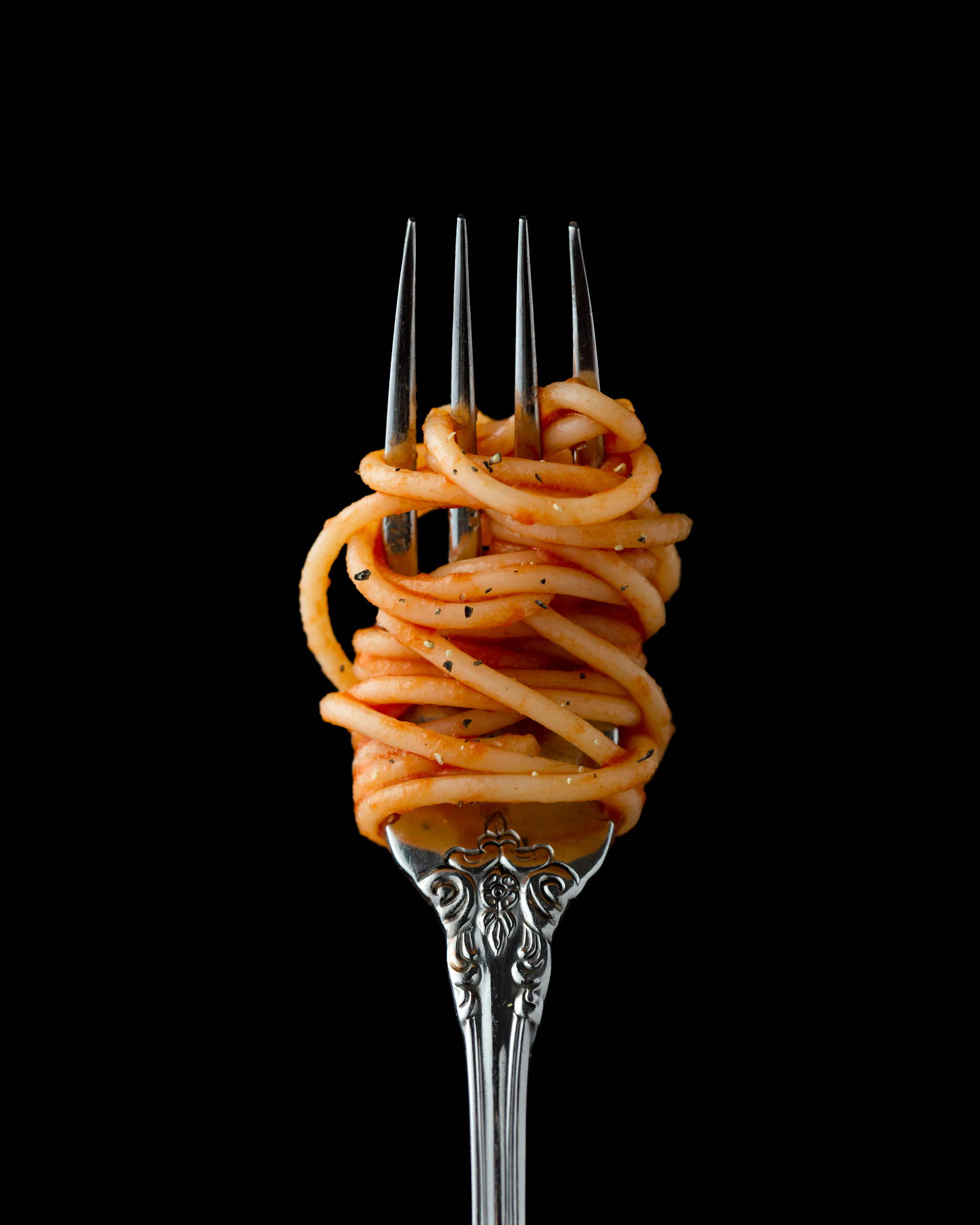 One fork, fully loaded, against the dark