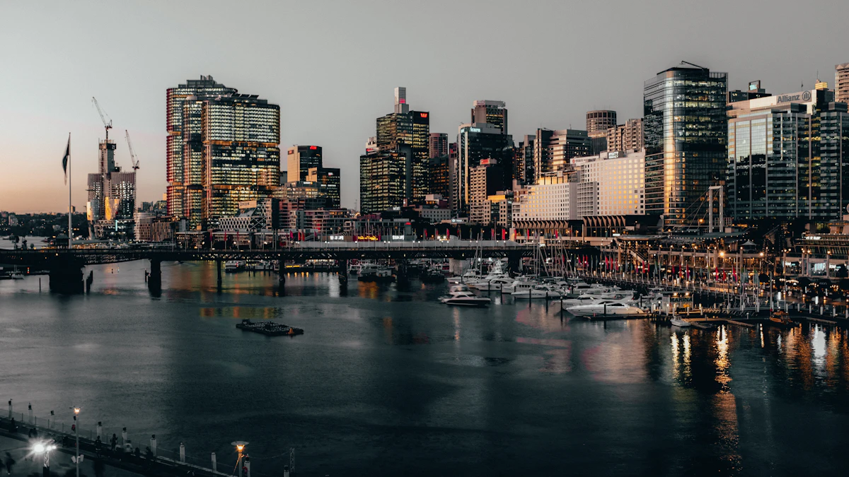 Boats moored along a Sydney city harbour dock