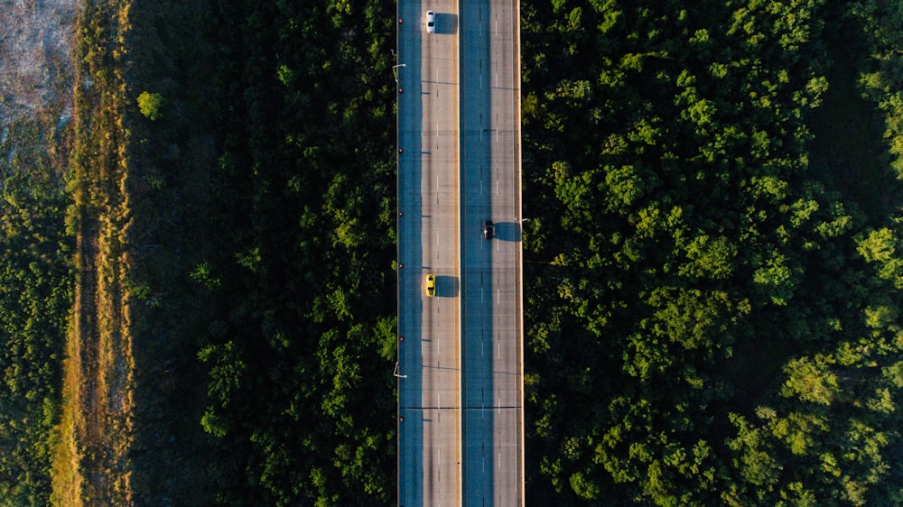 Fotografía aérea de un vehículo que viaja por el puente durante el día