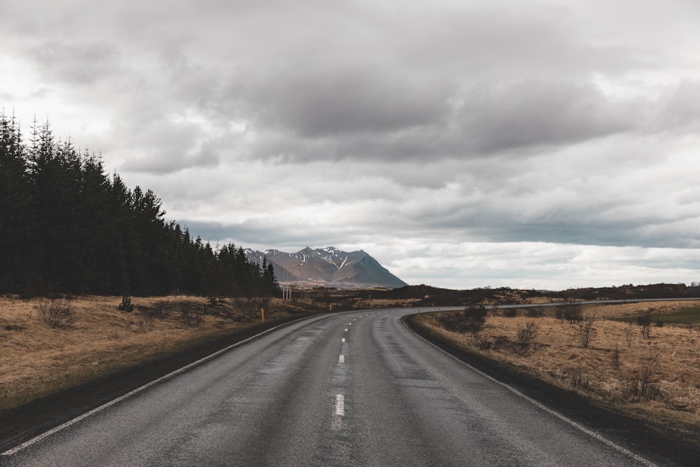 gray paved road under white clouds