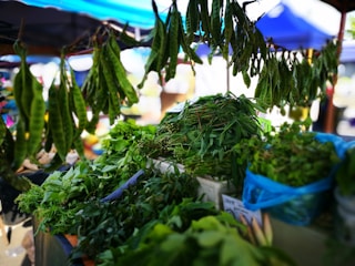 A market stall displaying a variety of fresh green vegetables and herbs. Long pods hang from the top, while bundles of leafy greens are stacked on the table below. The background features blurred market stalls under blue tents.