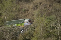 A colorful truck with intricate designs is partially hidden on a narrow road surrounded by dense foliage in a mountainous region. The truck is covered with a green tarpaulin, indicating it is transporting goods.