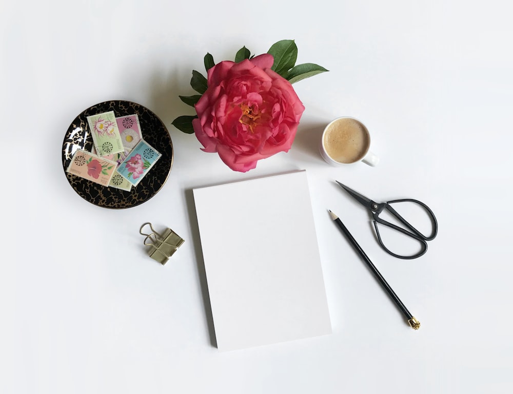 carta bianca, forbici, penna, caffè, fiore e clip su superficie bianca