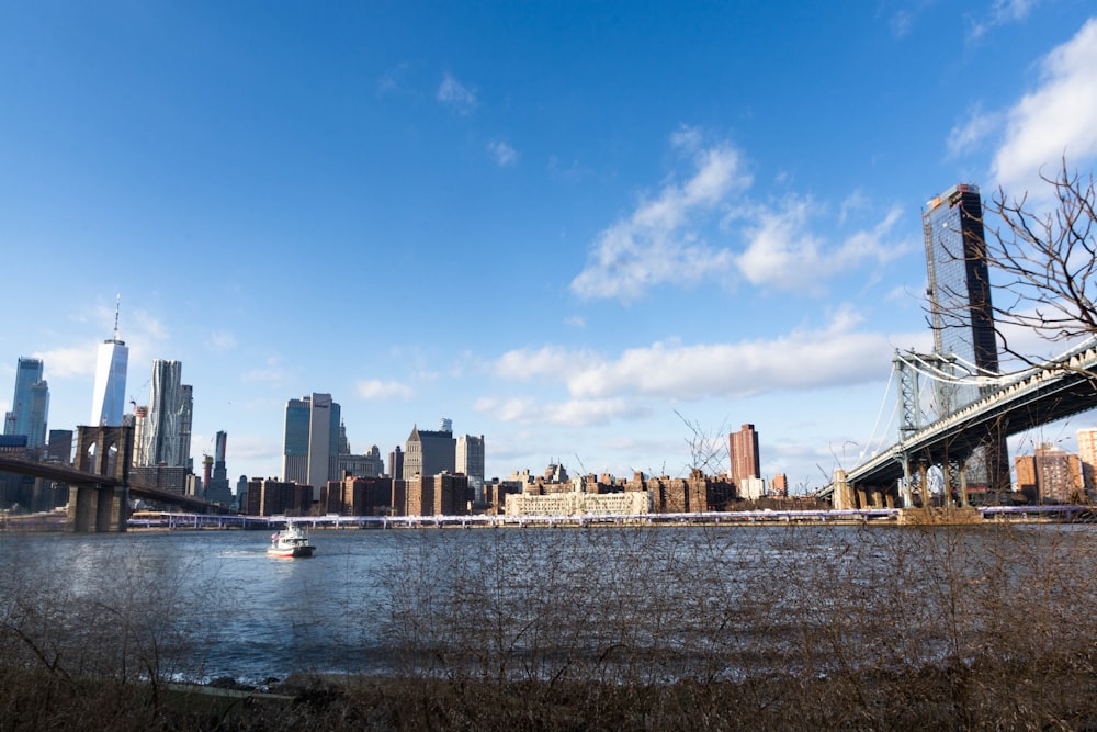 青と白の空の下で街を眺めるブルックリン橋