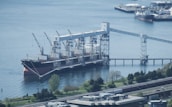 A large cargo ship docked at a port facility, equipped with multiple cranes for loading or unloading. The area is surrounded by a body of water, with several smaller boats and industrial structures in the distance. Lush greenery and trees border the water, with railway tracks visible in the foreground.
