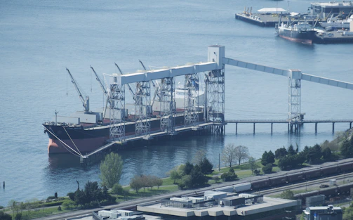 A large cargo ship docked at a port facility, equipped with multiple cranes for loading or unloading. The area is surrounded by a body of water, with several smaller boats and industrial structures in the distance. Lush greenery and trees border the water, with railway tracks visible in the foreground.