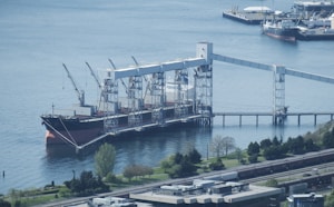A large cargo ship docked at a port facility, equipped with multiple cranes for loading or unloading. The area is surrounded by a body of water, with several smaller boats and industrial structures in the distance. Lush greenery and trees border the water, with railway tracks visible in the foreground.