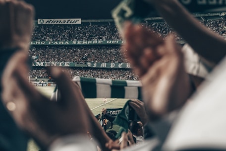 An Arsenal fan cheering passionately in the stadium with a scarf raised.