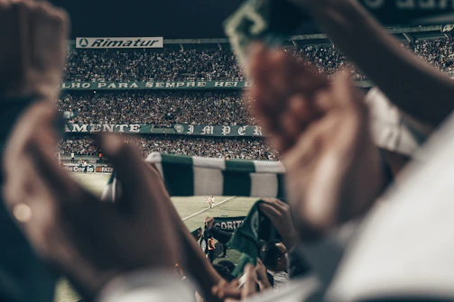 Fans waving scarves and cheering in the stands at a packed local match.