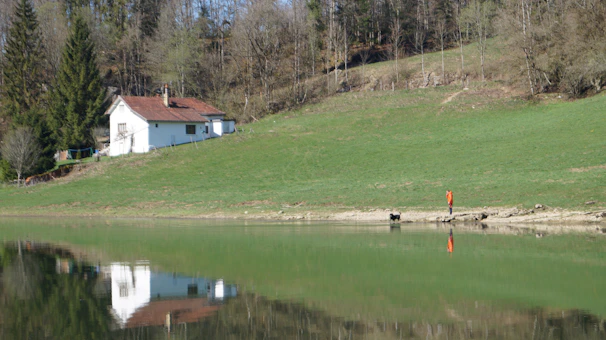 A simple drawing of a cozy house with a person meditating peacefully outside, a dog sitting loyally by their side.