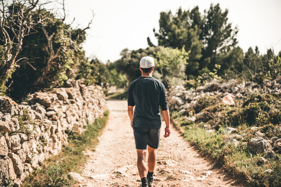 man walking on road between trees during daytime