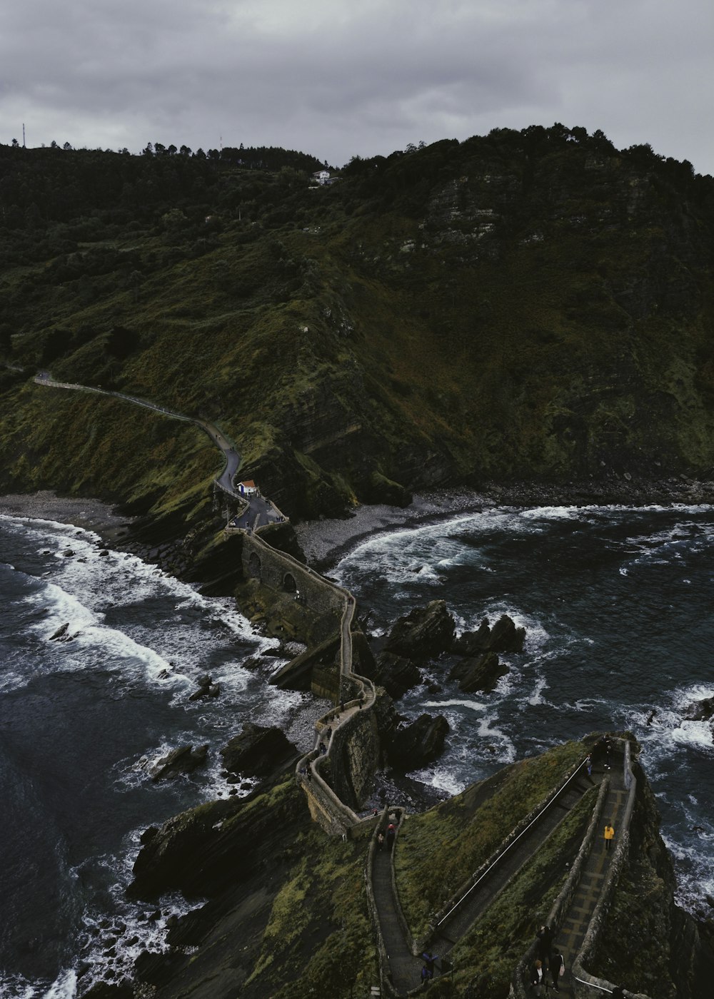 high-angle photography of bridge between beach