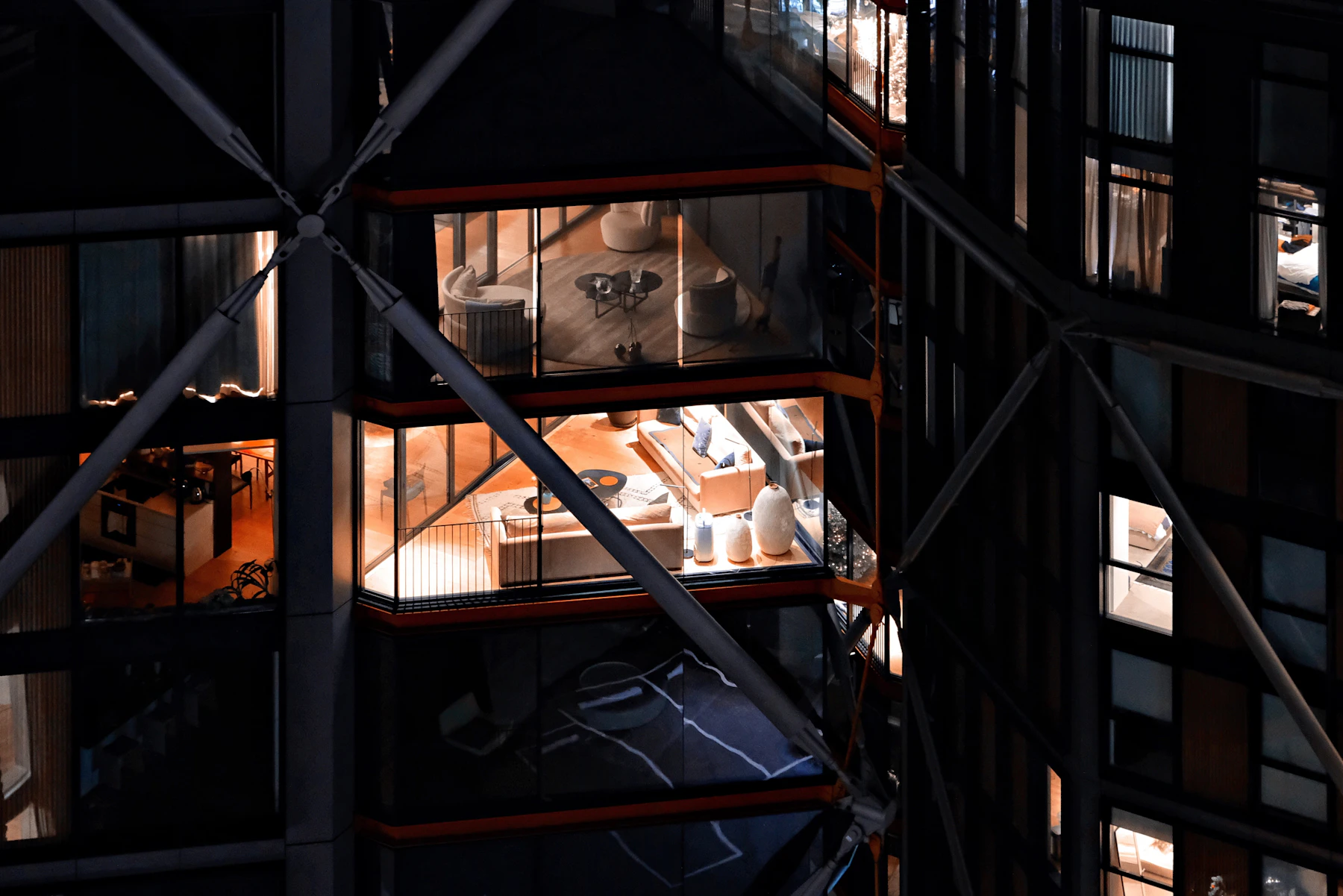 A residential building at night