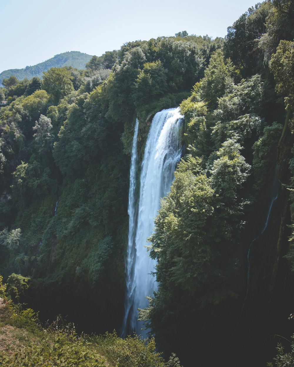 waterfalls in green trees covered cliff