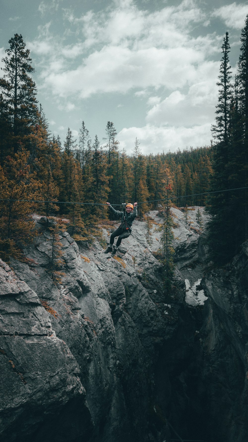 person climbing on rope bridge surrounded with tall and green trees under white cloudy skies