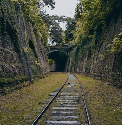 a train track going through a tunnel with graffiti on it