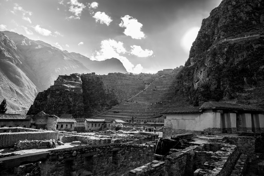 grayscale photo of ruins