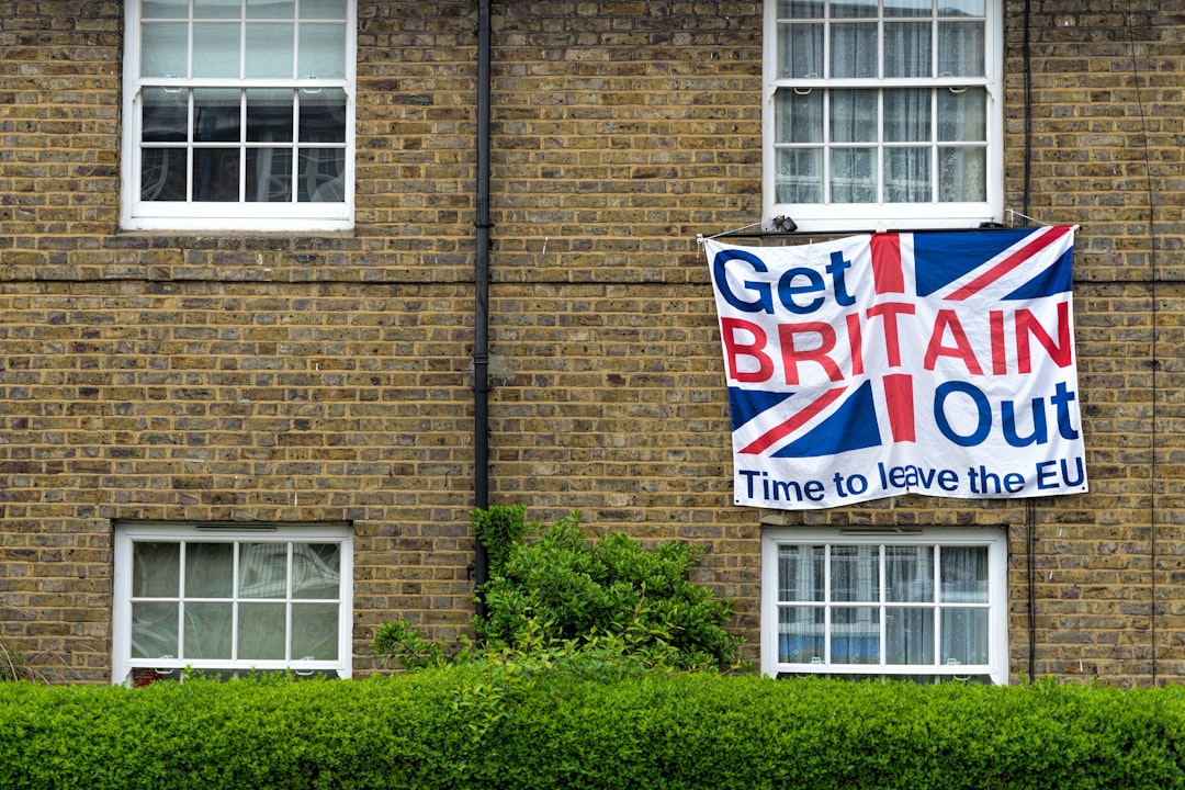 Get Britain Out flag hanging outside building