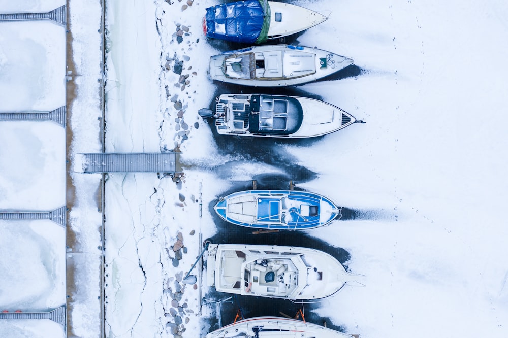 white and blue yachts on snowy field