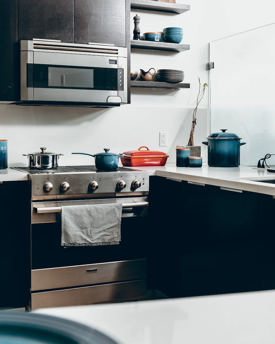 Stainless steel oven and range in a kitchen