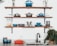 cookware set on floating shelves