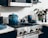 A modern kitchen featuring a sleek cookware set on a stove.