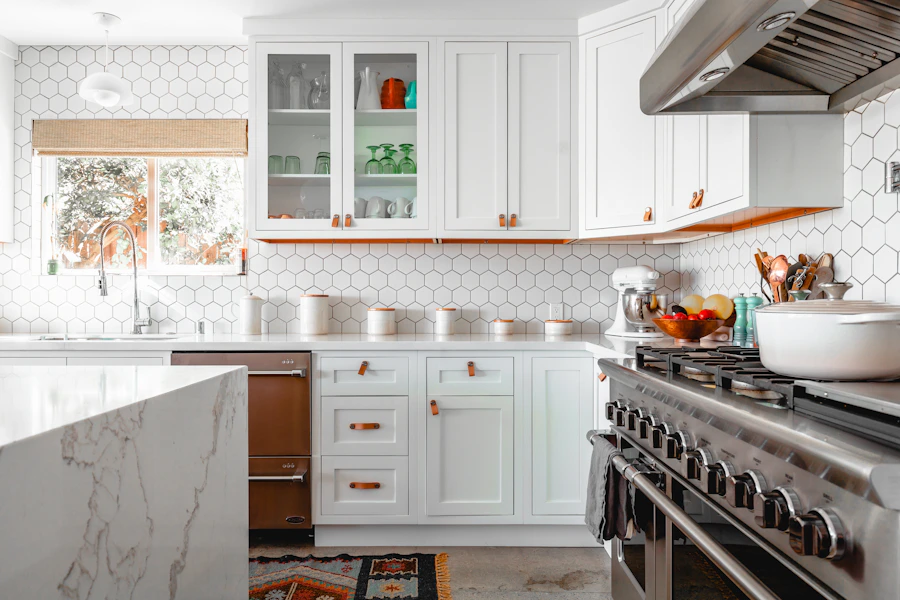 White transitional kitchen cabinets