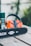 A chainsaw is resting on a wooden surface alongside an orange and black pair of safety earmuffs and a green spray can. The chainsaw bar features a 'Quick Stop' logo.