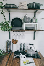pans and plates on rack