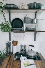 pans and plates on rack