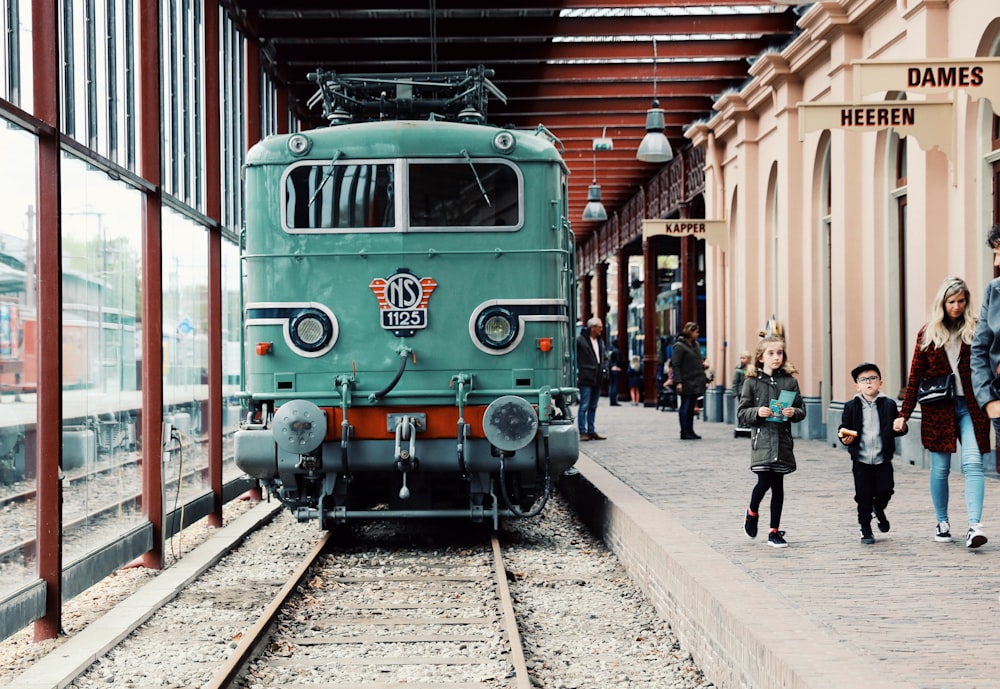 people walking beside train