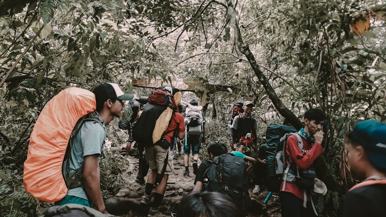 A group of outdoor creators filming a hike using POV cameras amidst a lush forest trail.