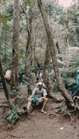 Hikers resting outside the house surrounded by lush forest and mountain trails