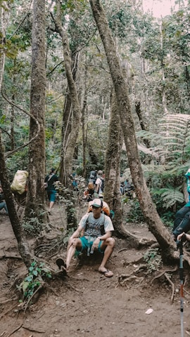 Hikers resting outside the house surrounded by lush forest and mountain trails